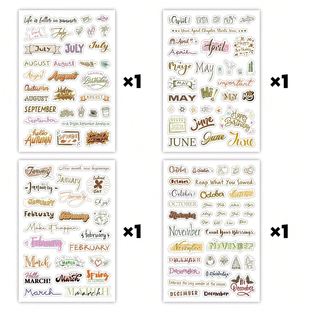 127pcs/4 Sheets Monthly Vocabulary Decorative Stickers, Monthly Planner Stickers, Scrapbook Stickers, Water Bottle Stickers, Cup Stickers, Gift Decorative Stickers, Annual Monthly Label Stickers