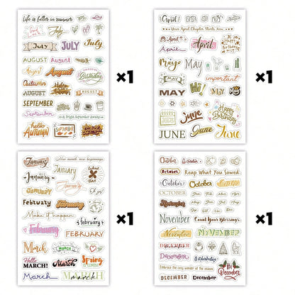 127pcs/4 Sheets Monthly Vocabulary Decorative Stickers, Monthly Planner Stickers, Scrapbook Stickers, Water Bottle Stickers, Cup Stickers, Gift Decorative Stickers, Annual Monthly Label Stickers