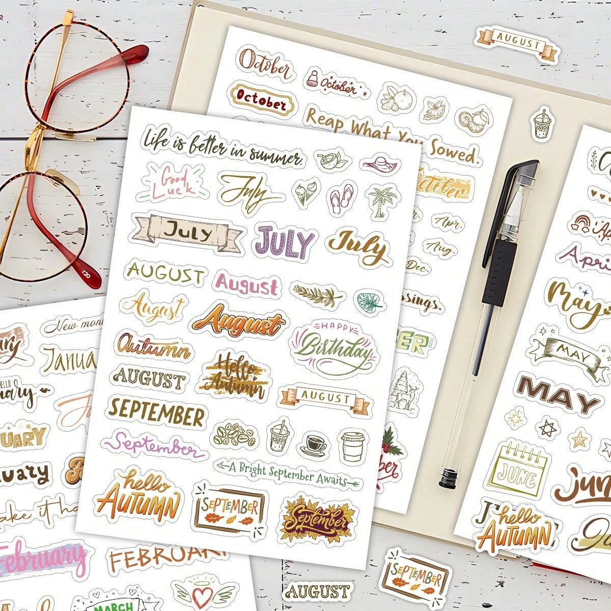 127pcs/4 Sheets Monthly Vocabulary Decorative Stickers, Monthly Planner Stickers, Scrapbook Stickers, Water Bottle Stickers, Cup Stickers, Gift Decorative Stickers, Annual Monthly Label Stickers