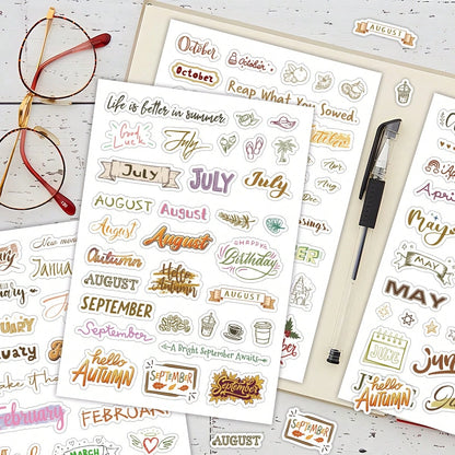 127pcs/4 Sheets Monthly Vocabulary Decorative Stickers, Monthly Planner Stickers, Scrapbook Stickers, Water Bottle Stickers, Cup Stickers, Gift Decorative Stickers, Annual Monthly Label Stickers