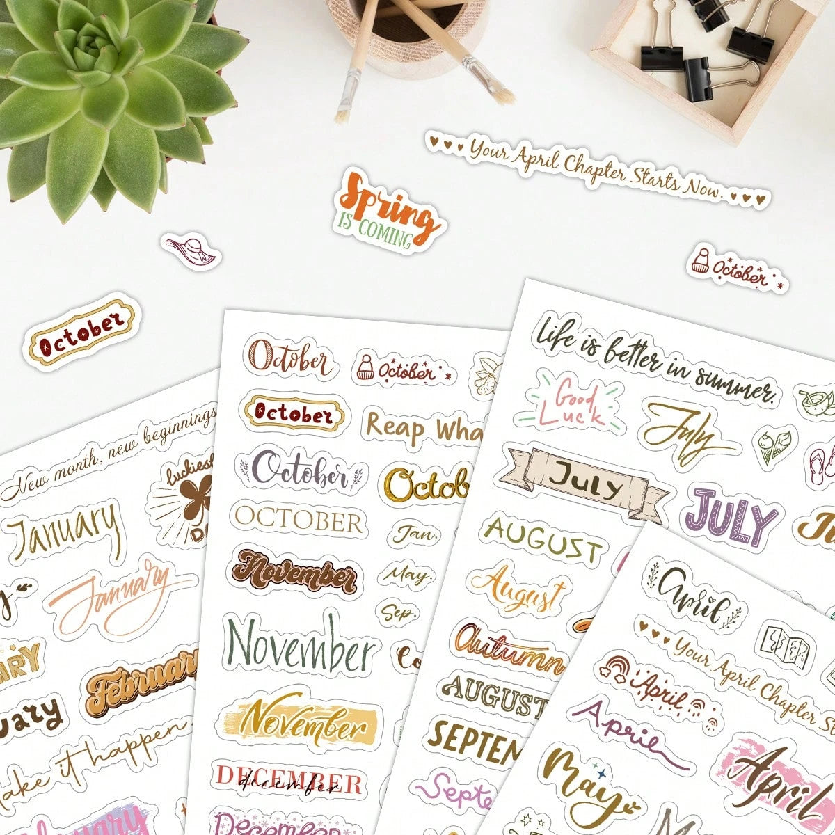 127pcs/4 Sheets Monthly Vocabulary Decorative Stickers, Monthly Planner Stickers, Scrapbook Stickers, Water Bottle Stickers, Cup Stickers, Gift Decorative Stickers, Annual Monthly Label Stickers
