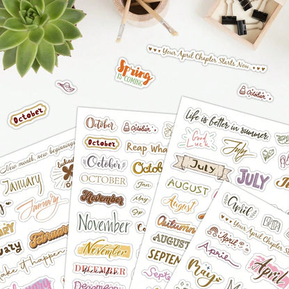 127pcs/4 Sheets Monthly Vocabulary Decorative Stickers, Monthly Planner Stickers, Scrapbook Stickers, Water Bottle Stickers, Cup Stickers, Gift Decorative Stickers, Annual Monthly Label Stickers