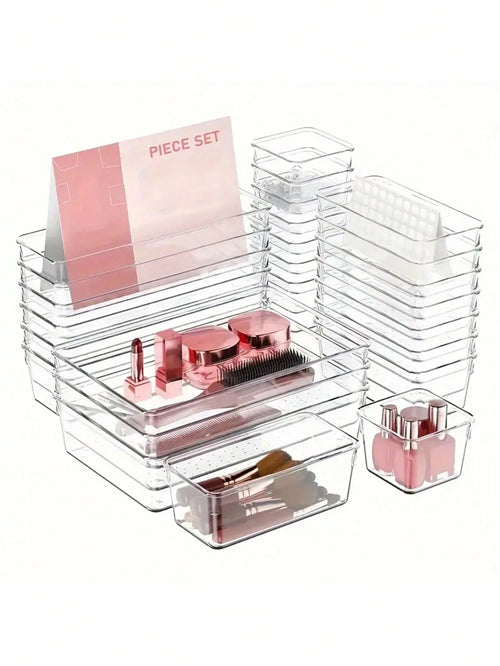 13/25/44pcs,Drawer Partition Storage Box, Transparent Cosmetics Storage Box, Jewelry Storage And Sorting Box, Desktop And Drawer Accessories, Organizer Supplies Desktop Storage Organization