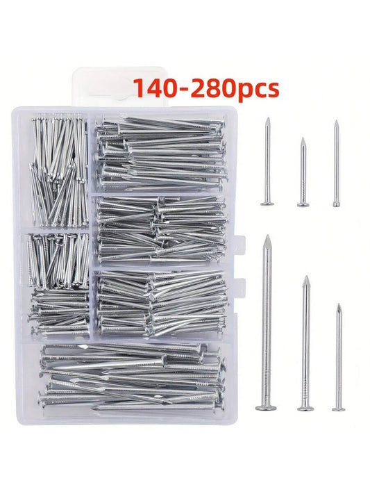 140-280pcs Hardware Nails Assortment Kit, Picture Hanging Nails, Wood Nails, Wall Nails With Storage Box, 6 Sizes, Steel Nails