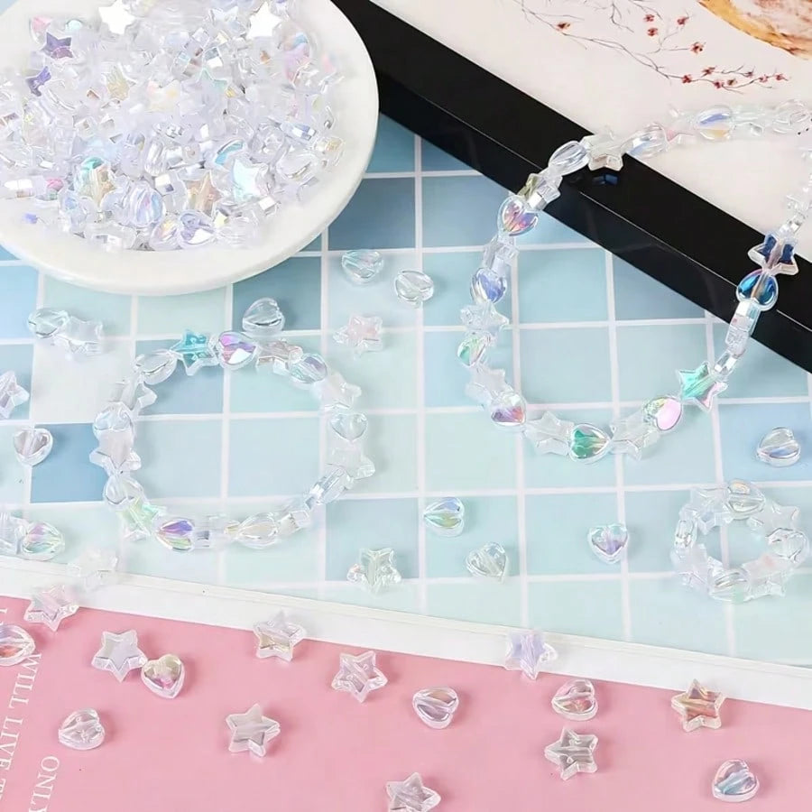 15-Grid White Series Straight Hole Beads, Including Heart, Colorful Heart, Flower Bud, Butterfly, Five-Pointed Star And Round Beads, DIY Jewelry Creative Making, Suitable For Beginners