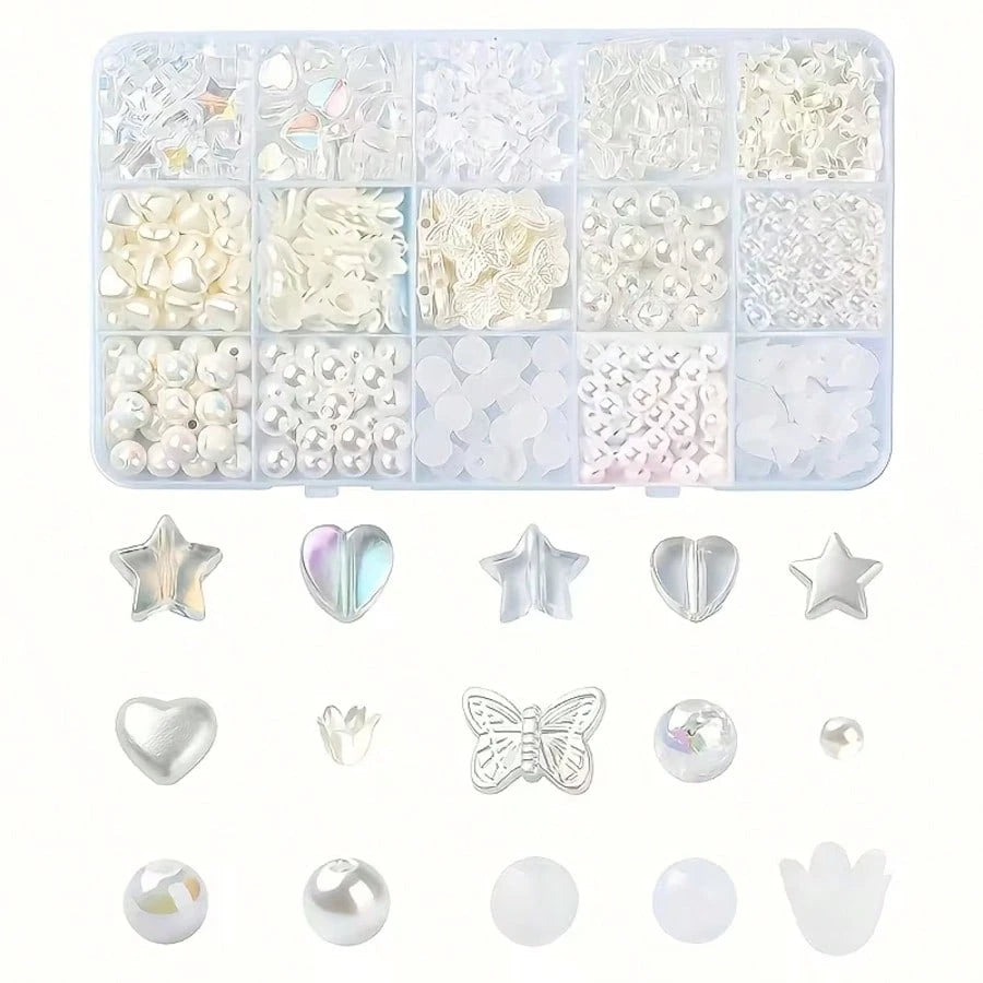 15-Grid White Series Straight Hole Beads, Including Heart, Colorful Heart, Flower Bud, Butterfly, Five-Pointed Star And Round Beads, DIY Jewelry Creative Making, Suitable For Beginners
