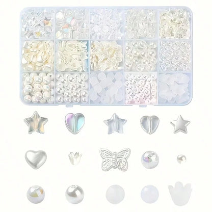 15-Grid White Series Straight Hole Beads, Including Heart, Colorful Heart, Flower Bud, Butterfly, Five-Pointed Star And Round Beads, DIY Jewelry Creative Making, Suitable For Beginners
