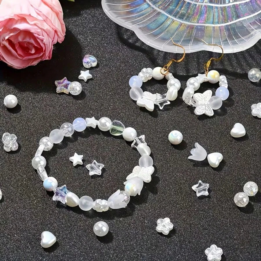 15-Grid White Series Straight Hole Beads, Including Heart, Colorful Heart, Flower Bud, Butterfly, Five-Pointed Star And Round Beads, DIY Jewelry Creative Making, Suitable For Beginners