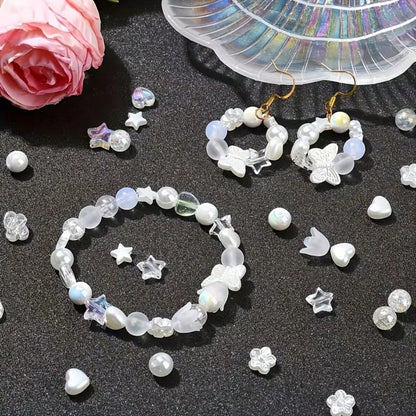 15-Grid White Series Straight Hole Beads, Including Heart, Colorful Heart, Flower Bud, Butterfly, Five-Pointed Star And Round Beads, DIY Jewelry Creative Making, Suitable For Beginners