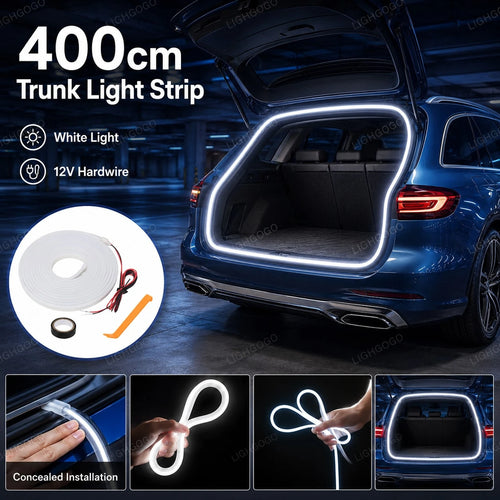 155.6 Inch 400cm White LED Car Trunk Light Hardwired Auto Boot Interior Illumination Lamp With Adhesive Tape & Mounting Tools Vehicle LED Decor Accessories
