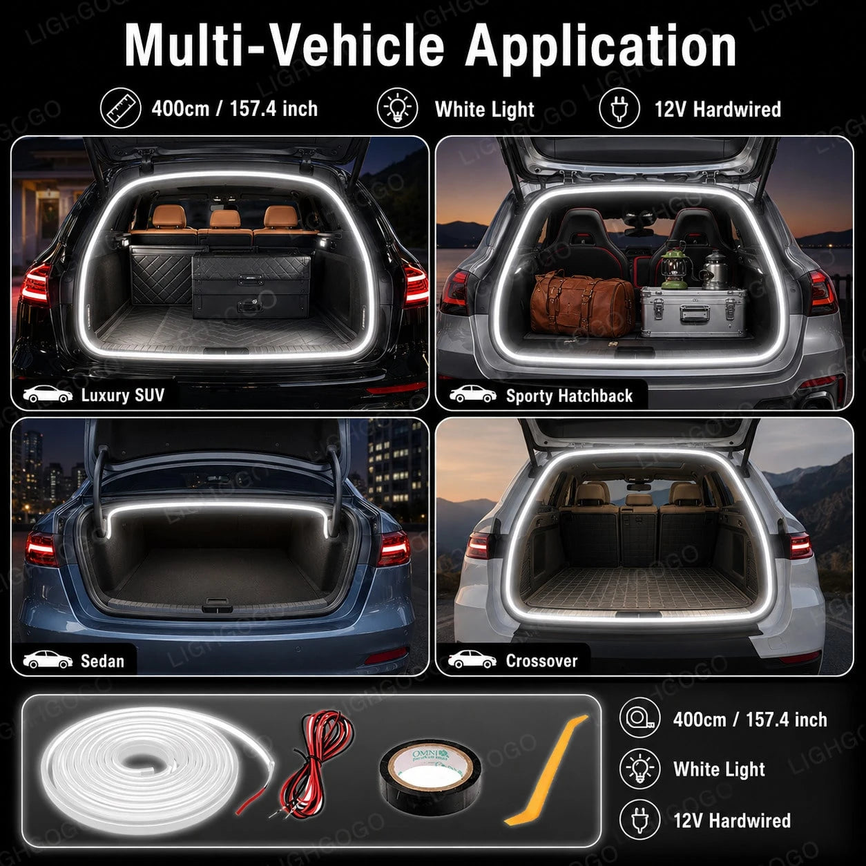 155.6 Inch 400cm White LED Car Trunk Light Hardwired Auto Boot Interior Illumination Lamp With Adhesive Tape & Mounting Tools Vehicle LED Decor Accessories