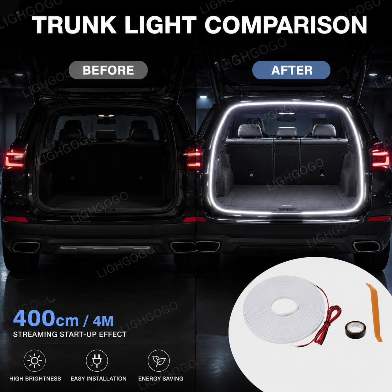 155.6 Inch 400cm White LED Car Trunk Light Hardwired Auto Boot Interior Illumination Lamp With Adhesive Tape & Mounting Tools Vehicle LED Decor Accessories