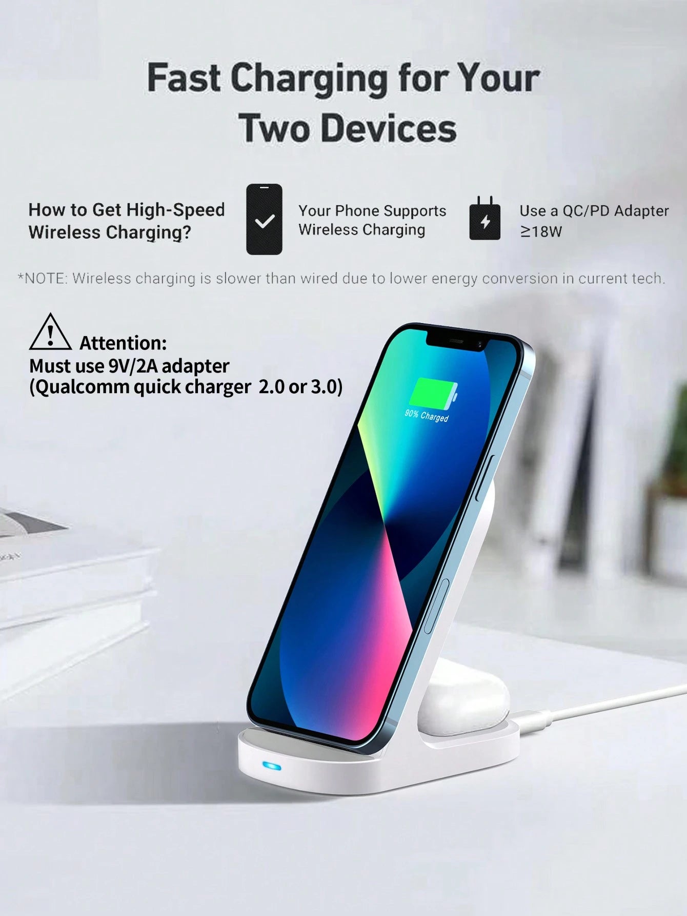 15W 2-In-1 Wireless Charger Compatible With QI Wireless Charging Phones, 8/X/11/12/13/14/15/16 Series Wireless Charging