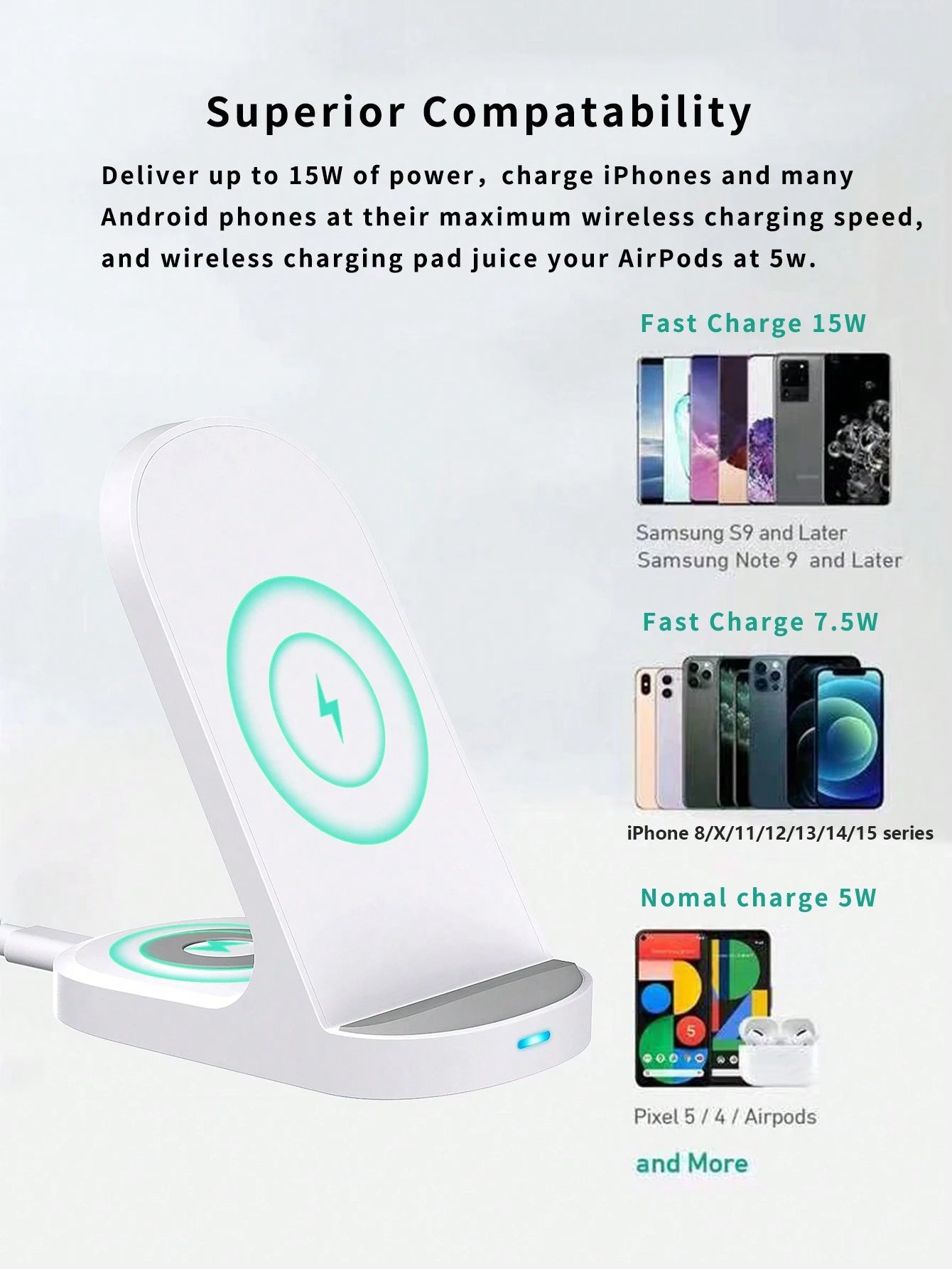 15W 2-In-1 Wireless Charger Compatible With QI Wireless Charging Phones, 8/X/11/12/13/14/15/16 Series Wireless Charging