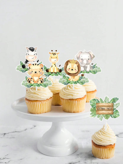 18pcs Jungle Animal Cake Toppers, Cake Decorations, 1st Birthday Party Decor, Baby Shower Decorations, Jungle Animal Theme Birthday Party Decor, Gender Reveal Party Decor, Dessert Table Decor, Cake De