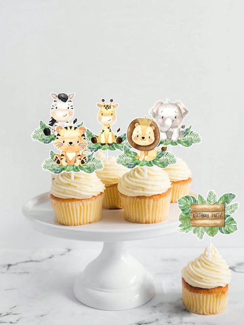 18pcs Jungle Animal Cake Toppers, Cake Decorations, 1st Birthday Party Decor, Baby Shower Decorations, Jungle Animal Theme Birthday Party Decor, Gender Reveal Party Decor, Dessert Table Decor, Cake De