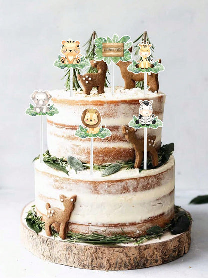 18pcs Jungle Animal Cake Toppers, Cake Decorations, 1st Birthday Party Decor, Baby Shower Decorations, Jungle Animal Theme Birthday Party Decor, Gender Reveal Party Decor, Dessert Table Decor, Cake De