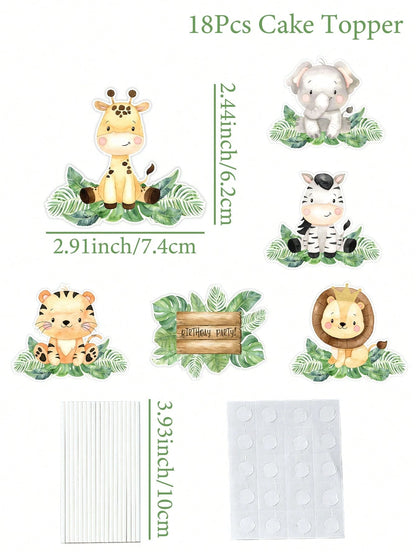 18pcs Jungle Animal Cake Toppers, Cake Decorations, 1st Birthday Party Decor, Baby Shower Decorations, Jungle Animal Theme Birthday Party Decor, Gender Reveal Party Decor, Dessert Table Decor, Cake De