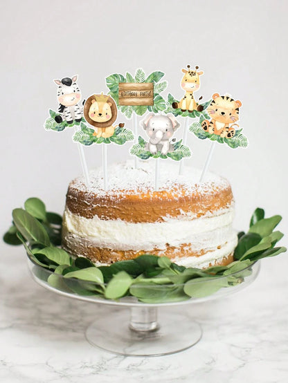 18pcs Jungle Animal Cake Toppers, Cake Decorations, 1st Birthday Party Decor, Baby Shower Decorations, Jungle Animal Theme Birthday Party Decor, Gender Reveal Party Decor, Dessert Table Decor, Cake De