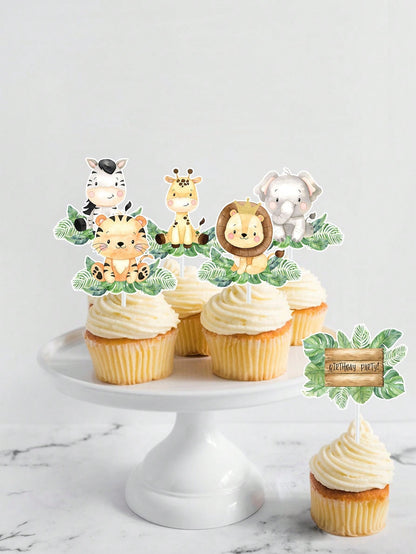 18pcs Jungle Animal Cake Toppers, Cake Decorations, 1st Birthday Party Decor, Baby Shower Decorations, Jungle Animal Theme Birthday Party Decor, Gender Reveal Party Decor, Dessert Table Decor, Cake De