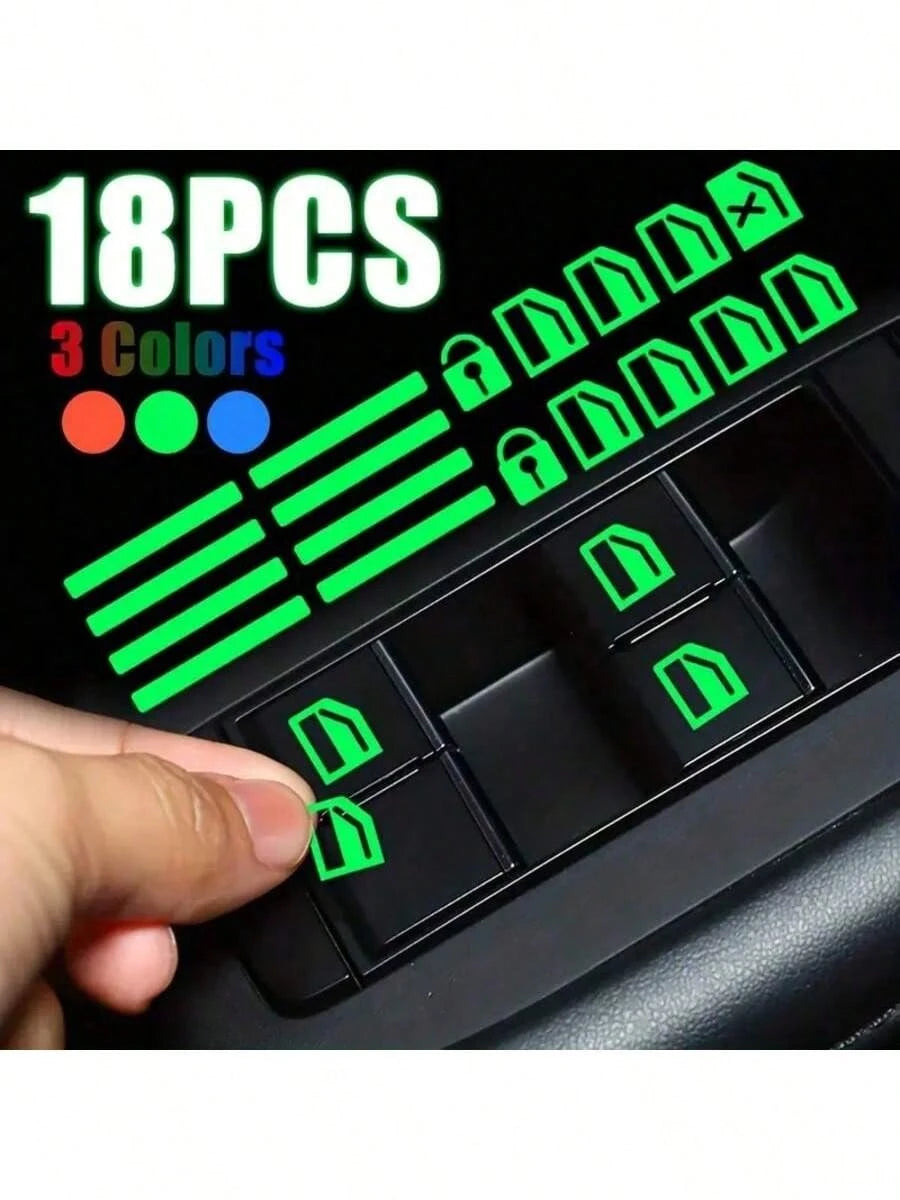 18pcs Small Car Window Control Button Luminous Sticker, Car Interior Luminous Fluorescent Sticker