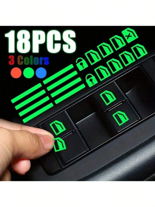 18pcs Small Car Window Control Button Luminous Sticker, Car Interior Luminous Fluorescent Sticker