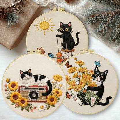 1PC 20*20cm/7.9*7.9in,Cute Black-And-White Kitten Embroidery Kit, DIY Handmade Embroidery Set For Adult Beginners, Home Gift, Women's Sewing Gift, Including User Manual, Printed Pattern Fabric, Embroi