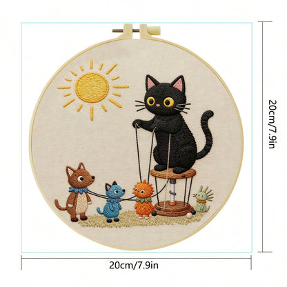 1PC 20*20cm/7.9*7.9in,Cute Black-And-White Kitten Embroidery Kit, DIY Handmade Embroidery Set For Adult Beginners, Home Gift, Women's Sewing Gift, Including User Manual, Printed Pattern Fabric, Embroi