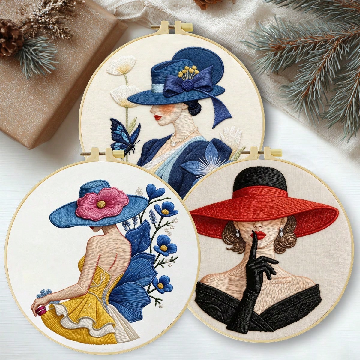 1PC 20*20cm/7.9*7.9in,The Woman In The Hat Embroidery Kit, DIY Handmade Embroidery Set For Adult Beginners, Home Gift, Women's Sewing Gift, Including User Manual, Printed Pattern Fabric, Embroidery Fr