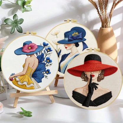 1PC 20*20cm/7.9*7.9in,The Woman In The Hat Embroidery Kit, DIY Handmade Embroidery Set For Adult Beginners, Home Gift, Women's Sewing Gift, Including User Manual, Printed Pattern Fabric, Embroidery Fr