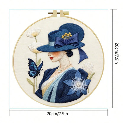 1PC 20*20cm/7.9*7.9in,The Woman In The Hat Embroidery Kit, DIY Handmade Embroidery Set For Adult Beginners, Home Gift, Women's Sewing Gift, Including User Manual, Printed Pattern Fabric, Embroidery Fr