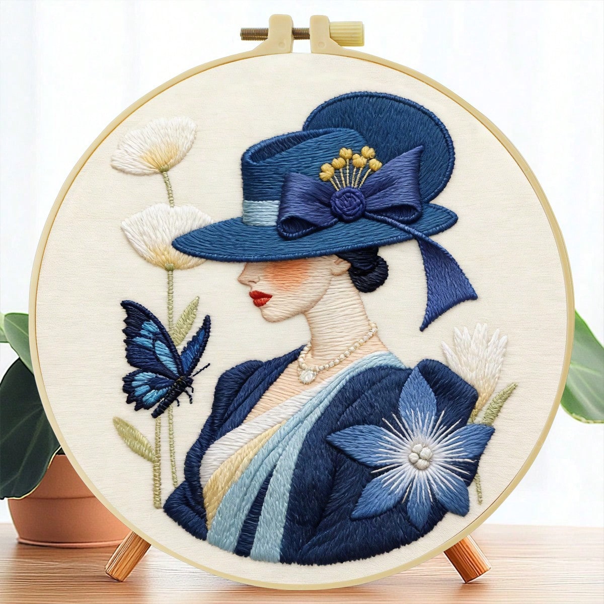 1PC 20*20cm/7.9*7.9in,The Woman In The Hat Embroidery Kit, DIY Handmade Embroidery Set For Adult Beginners, Home Gift, Women's Sewing Gift, Including User Manual, Printed Pattern Fabric, Embroidery Fr