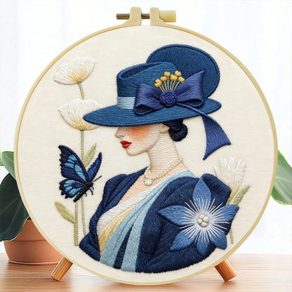 1PC 20*20cm/7.9*7.9in,The Woman In The Hat Embroidery Kit, DIY Handmade Embroidery Set For Adult Beginners, Home Gift, Women's Sewing Gift, Including User Manual, Printed Pattern Fabric, Embroidery Fr