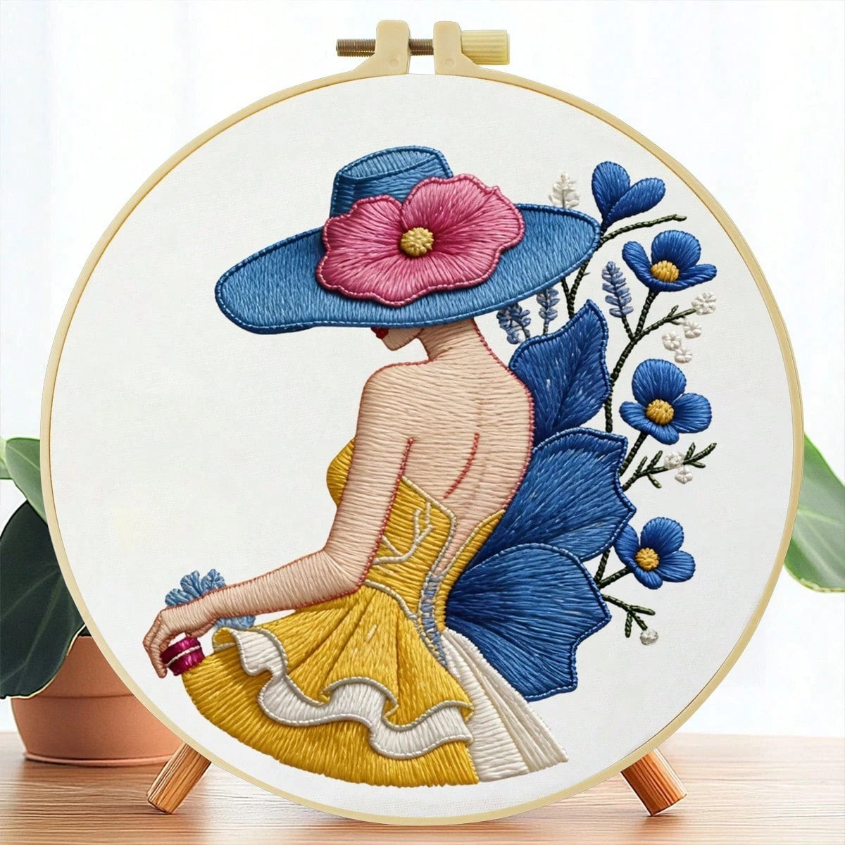 1PC 20*20cm/7.9*7.9in,The Woman In The Hat Embroidery Kit, DIY Handmade Embroidery Set For Adult Beginners, Home Gift, Women's Sewing Gift, Including User Manual, Printed Pattern Fabric, Embroidery Fr