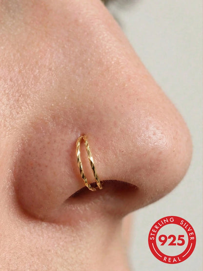 1pc 20G 9mm 925 Sterling Silver Nose Ring Earring Cartilage Piercing Septum Ring Snap Ring Soft Cartilage Double Ring Twisted Nose Stud Jewelry