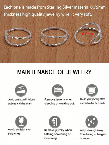 1pc 20G 9mm 925 Sterling Silver Nose Ring Earring Cartilage Piercing Septum Ring Snap Ring Soft Cartilage Double Ring Twisted Nose Stud Jewelry