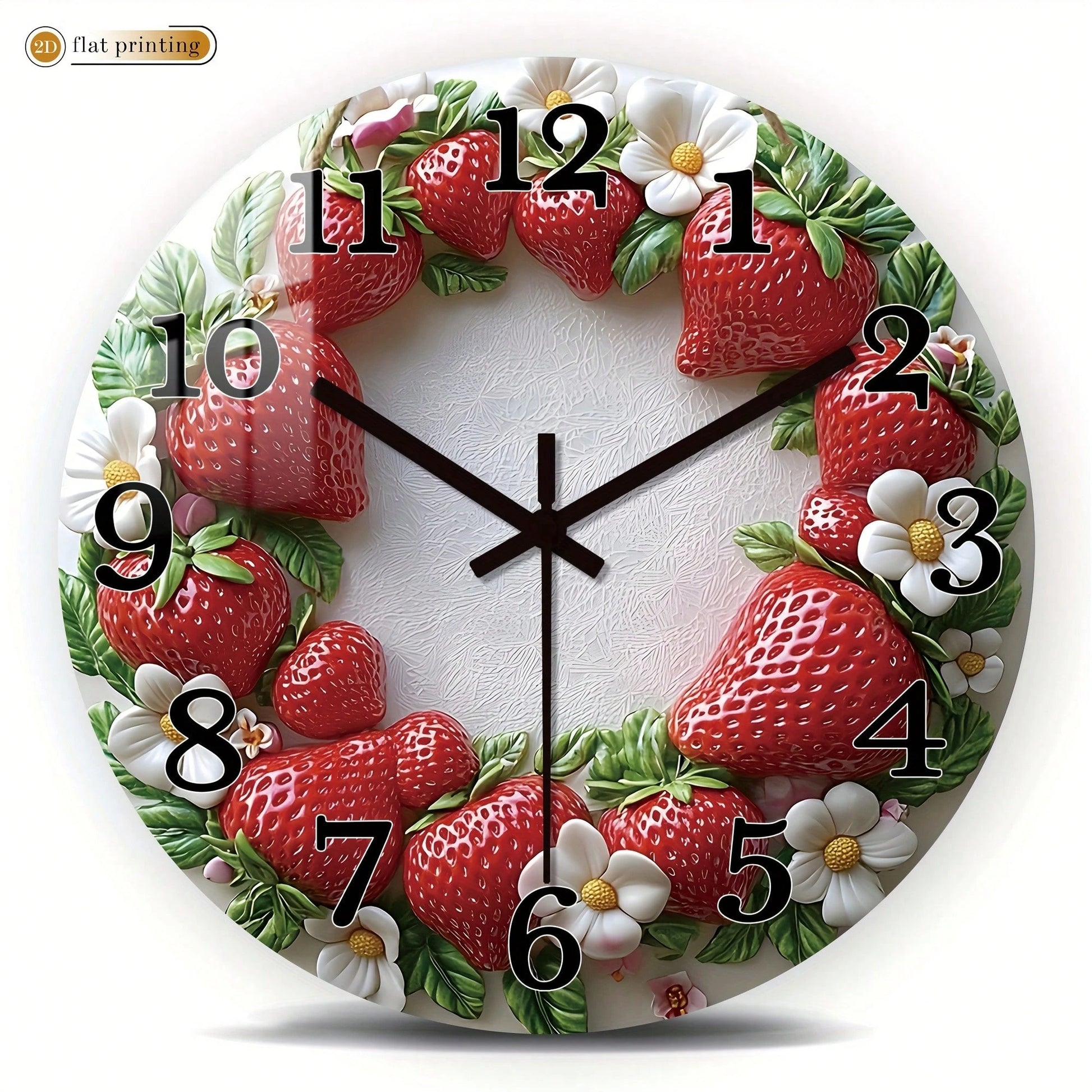 1Pc 2D Flat Strawberry Floral Print Wall Clock, 12Inch Silent Wooden Round Clock For Living Room Kitchen Office, Sweet Home Decor Gift