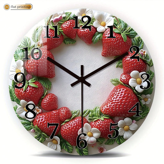 1Pc 2D Flat Strawberry Floral Print Wall Clock, 12Inch Silent Wooden Round Clock For Living Room Kitchen Office, Sweet Home Decor Gift
