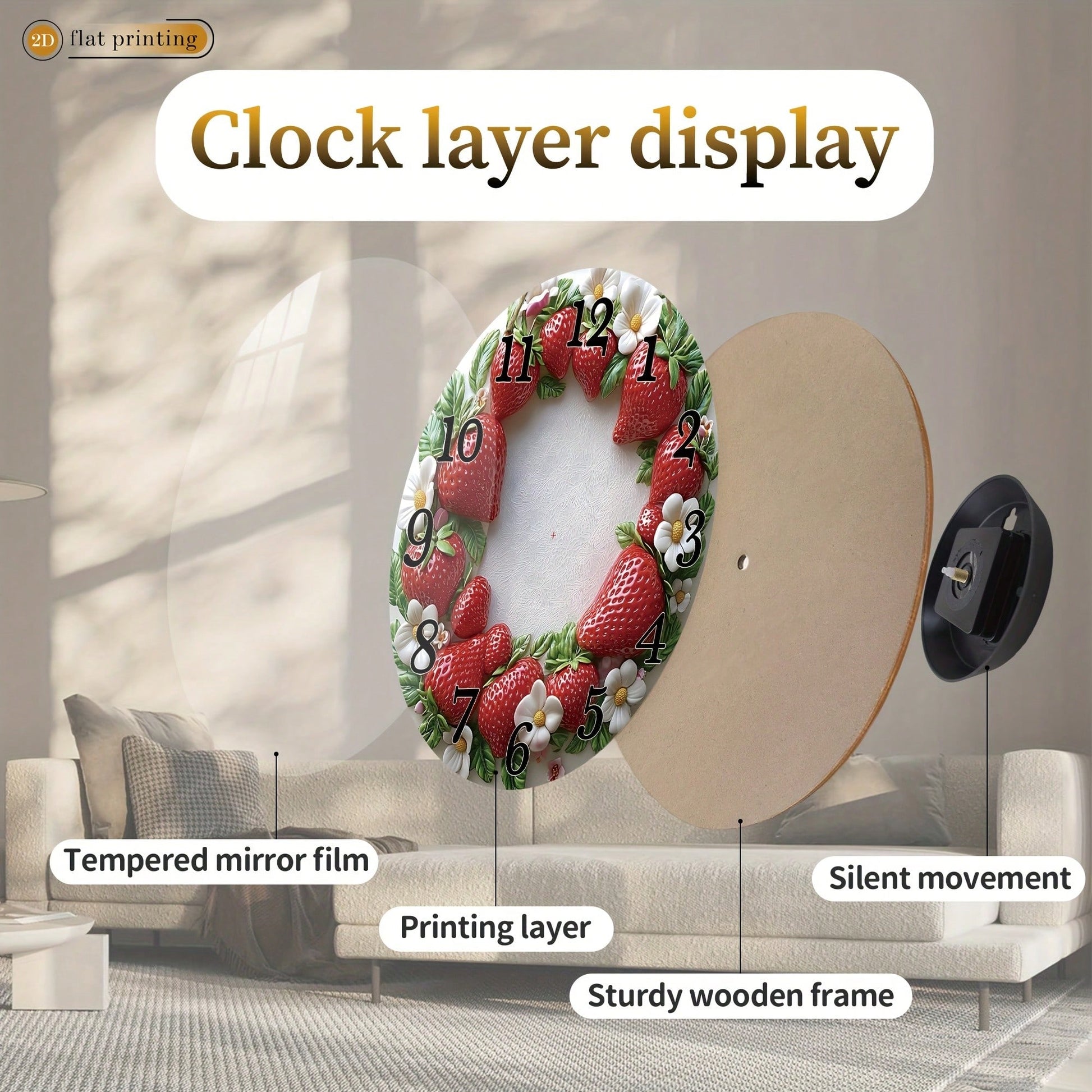 1Pc 2D Flat Strawberry Floral Print Wall Clock, 12Inch Silent Wooden Round Clock For Living Room Kitchen Office, Sweet Home Decor Gift