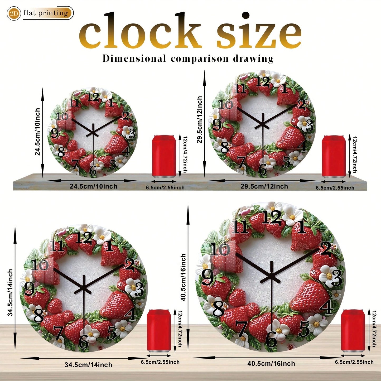 1Pc 2D Flat Strawberry Floral Print Wall Clock, 12Inch Silent Wooden Round Clock For Living Room Kitchen Office, Sweet Home Decor Gift