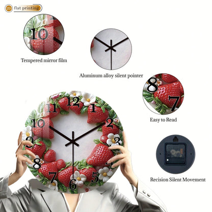 1Pc 2D Flat Strawberry Floral Print Wall Clock, 12Inch Silent Wooden Round Clock For Living Room Kitchen Office, Sweet Home Decor Gift