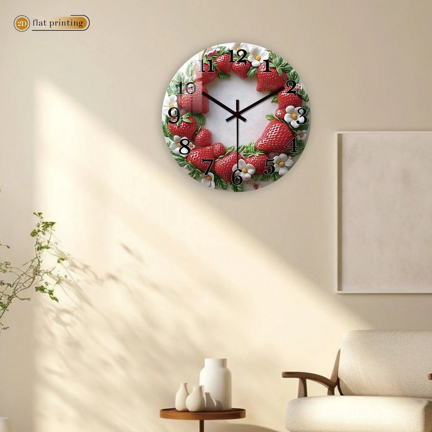 1Pc 2D Flat Strawberry Floral Print Wall Clock, 12Inch Silent Wooden Round Clock For Living Room Kitchen Office, Sweet Home Decor Gift