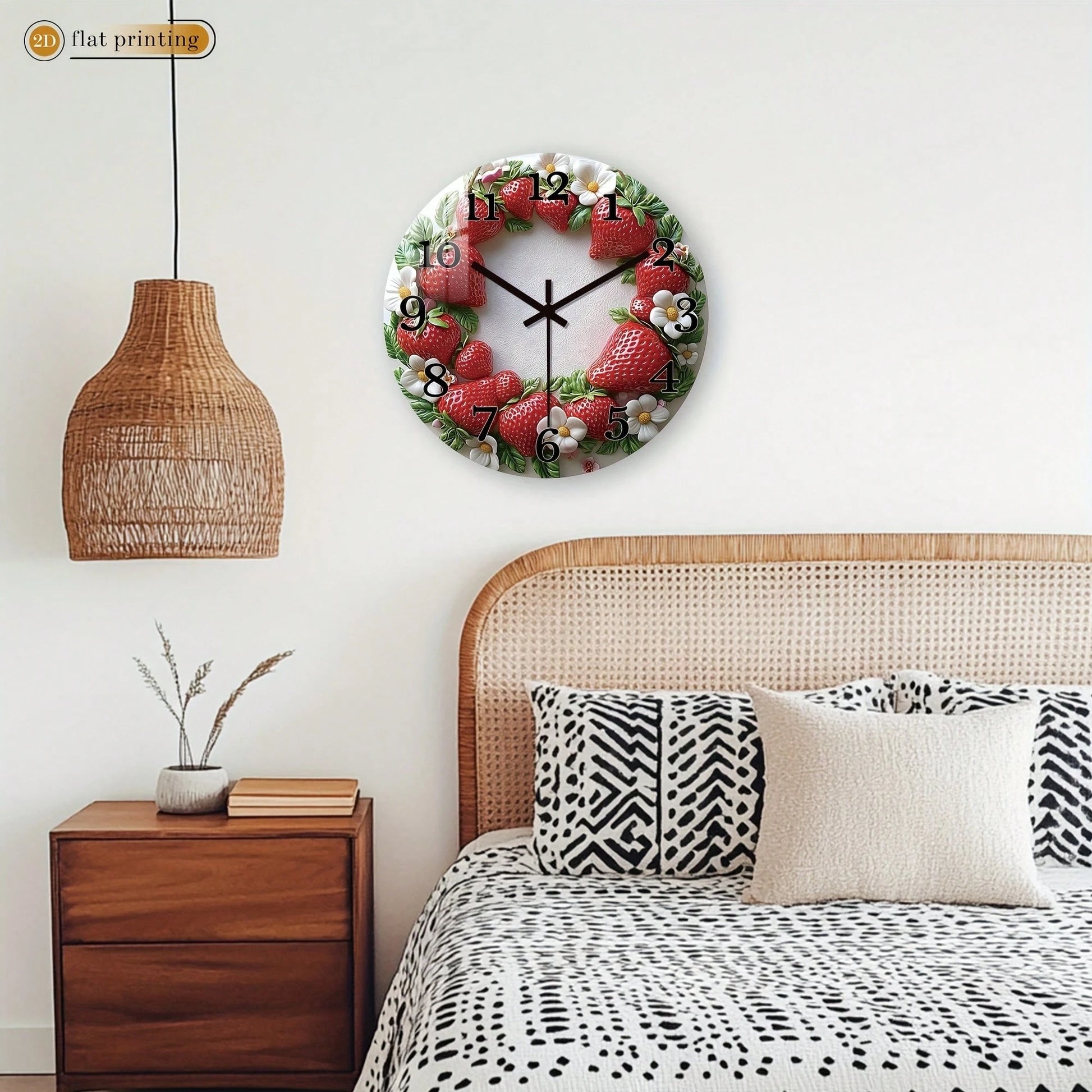 1Pc 2D Flat Strawberry Floral Print Wall Clock, 12Inch Silent Wooden Round Clock For Living Room Kitchen Office, Sweet Home Decor Gift