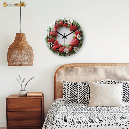 1Pc 2D Flat Strawberry Floral Print Wall Clock, 12Inch Silent Wooden Round Clock For Living Room Kitchen Office, Sweet Home Decor Gift