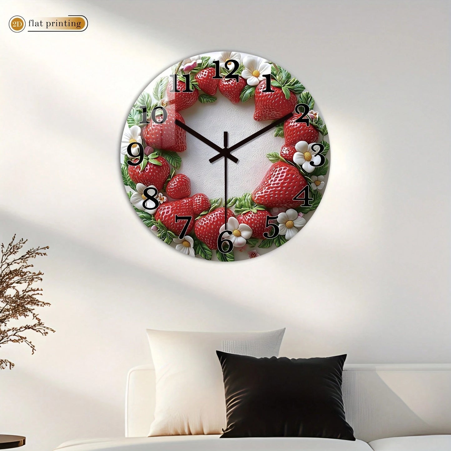1Pc 2D Flat Strawberry Floral Print Wall Clock, 12Inch Silent Wooden Round Clock For Living Room Kitchen Office, Sweet Home Decor Gift