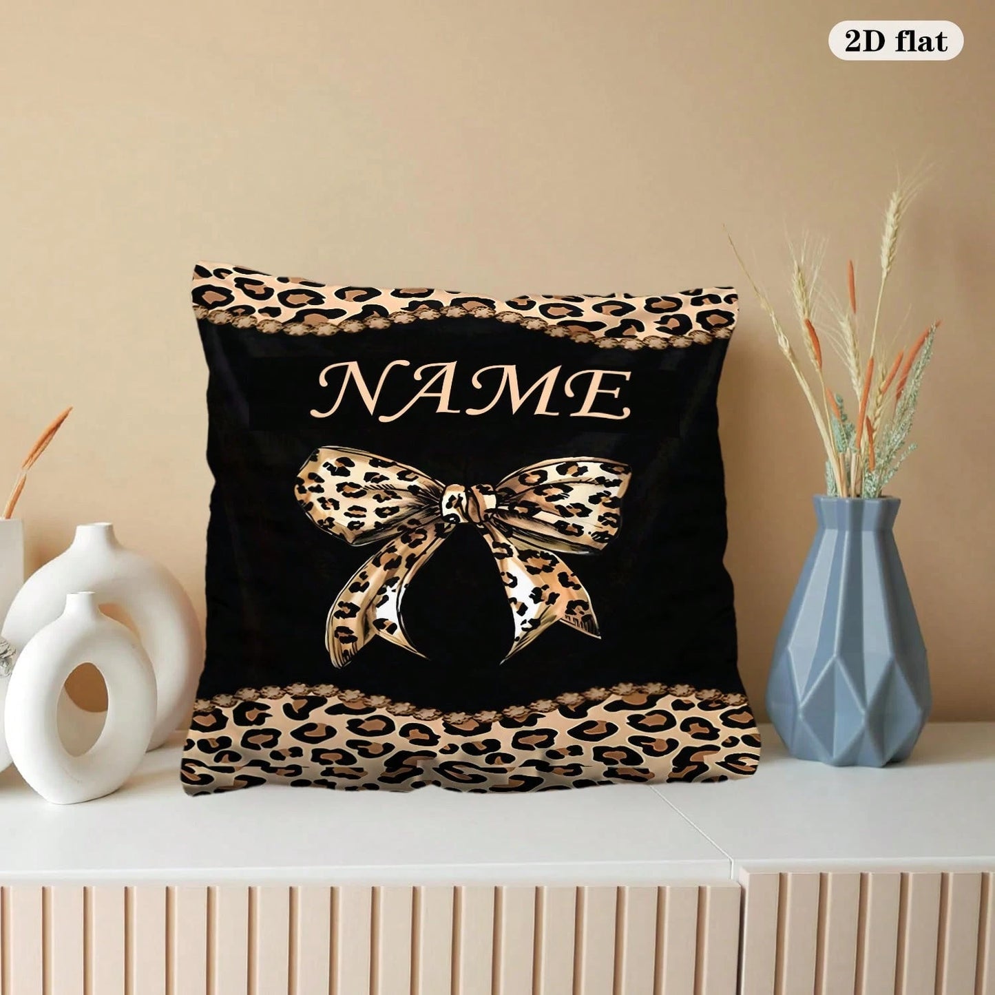 1pc 2D Printed Custom Name Leopard Print Bow Pattern Personalized Pillowcase (Excluding Pillow Insert) Exclusive Gift With Custom Content, Single-Sided Printed Home Decor Pillowcase. Gift For Special