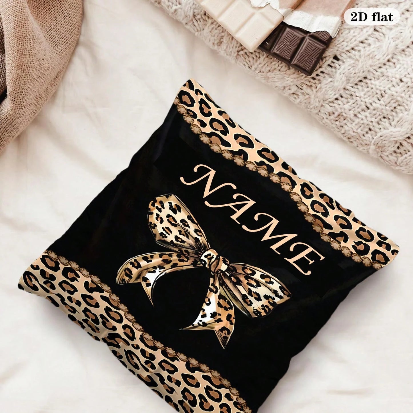 1pc 2D Printed Custom Name Leopard Print Bow Pattern Personalized Pillowcase (Excluding Pillow Insert) Exclusive Gift With Custom Content, Single-Sided Printed Home Decor Pillowcase. Gift For Special