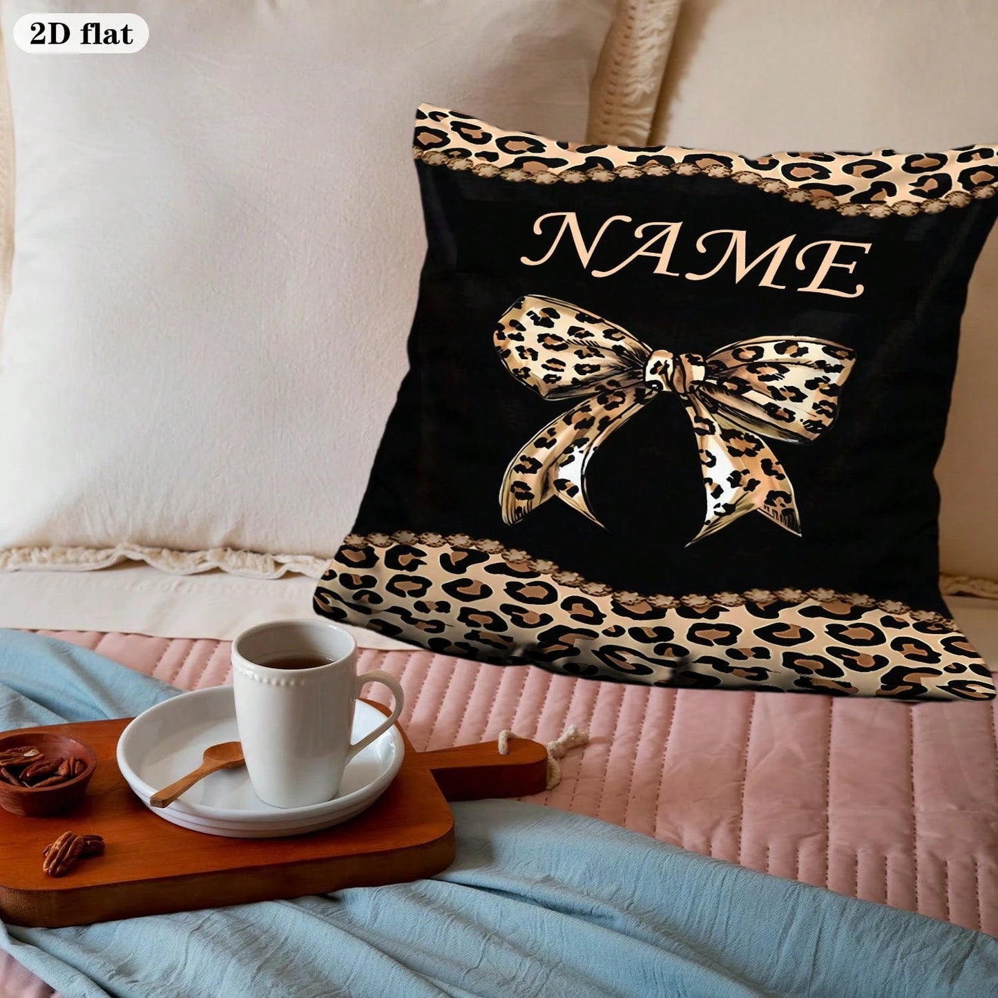 1pc 2D Printed Custom Name Leopard Print Bow Pattern Personalized Pillowcase (Excluding Pillow Insert) Exclusive Gift With Custom Content, Single-Sided Printed Home Decor Pillowcase. Gift For Special