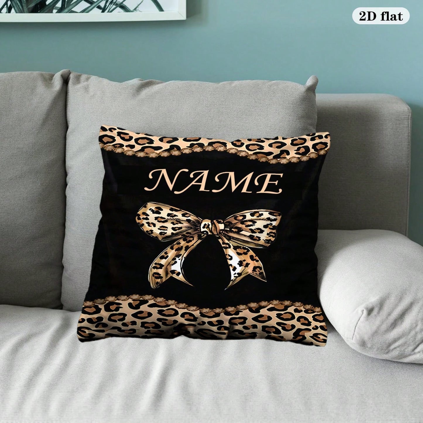 1pc 2D Printed Custom Name Leopard Print Bow Pattern Personalized Pillowcase (Excluding Pillow Insert) Exclusive Gift With Custom Content, Single-Sided Printed Home Decor Pillowcase. Gift For Special
