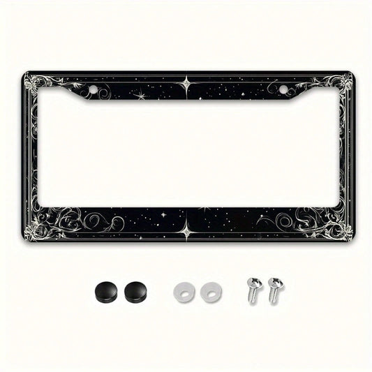 1pc 2D Star Swirl Metal License Frame 12x6in, Universal Fit With Screws, Halloween Decor For US & Global Vehicles,Birthday Gifts,Valentines Gift,Car Stuff,Car Decoration,Motorcycle,Car Accessory,Car E